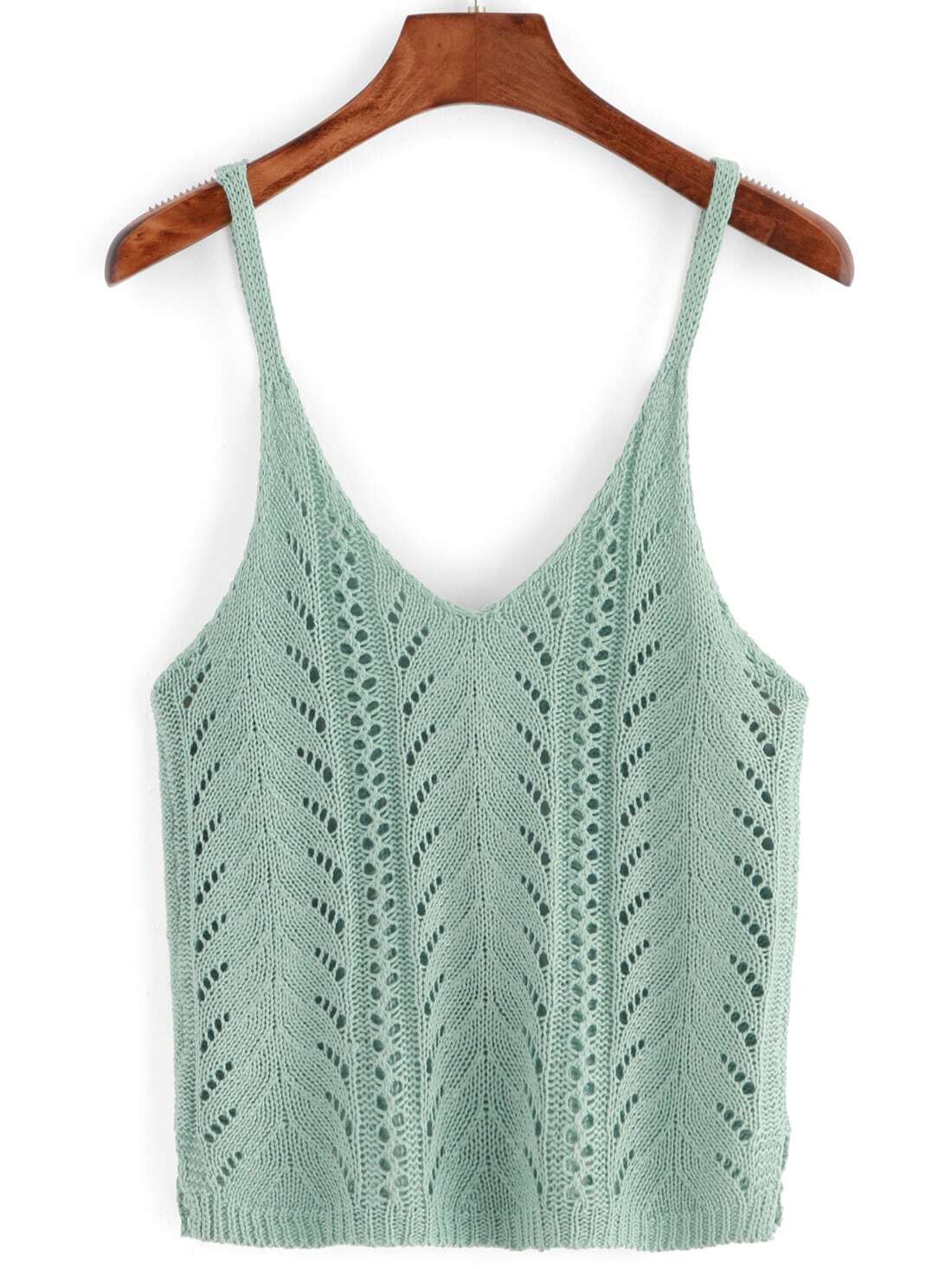 Deep V Neck Eyelet Green Tank TopFor Womenromwe