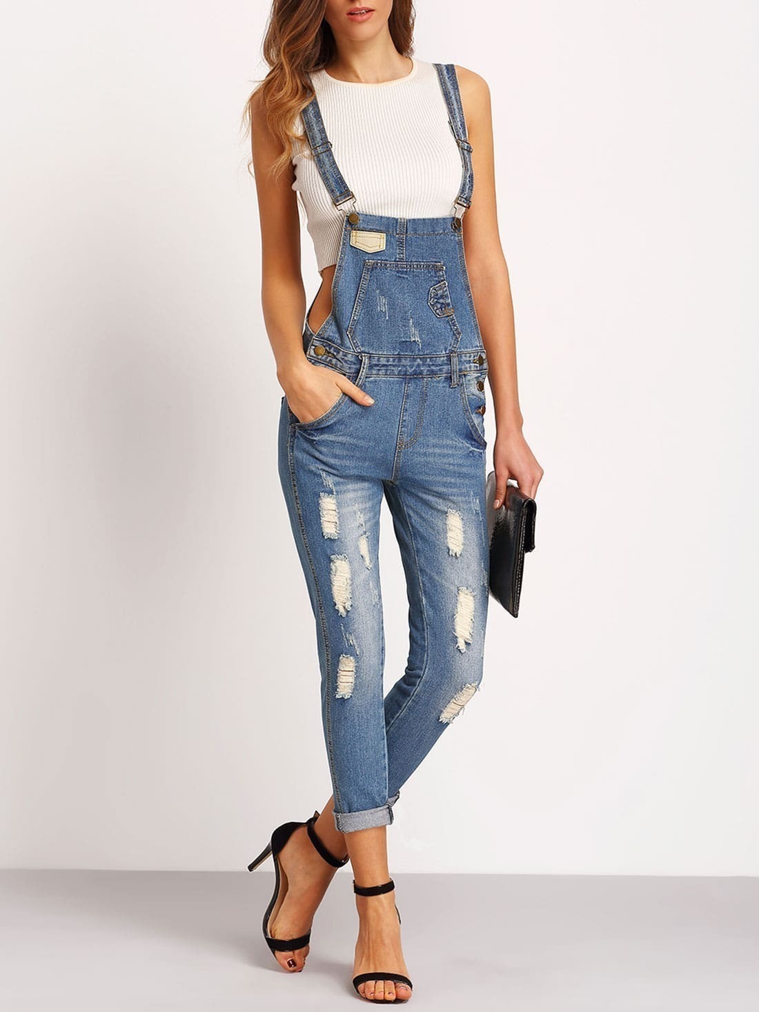 Blue Strap Ripped Denim JumpsuitFor Womenromwe