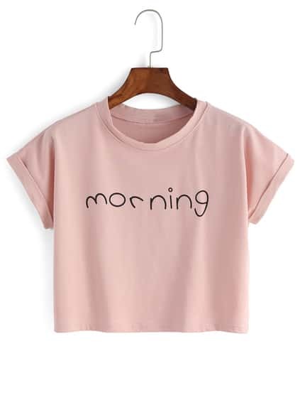 Pink Letters Print Cuffed Crop Top pictures