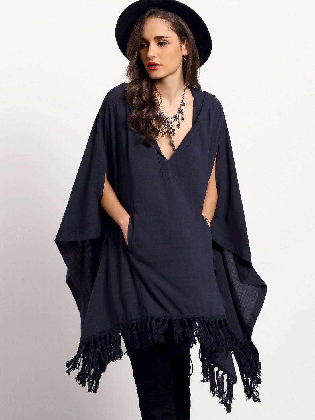 Navy Hooded V Neck Tassel Loose CapeFor Womenromwe