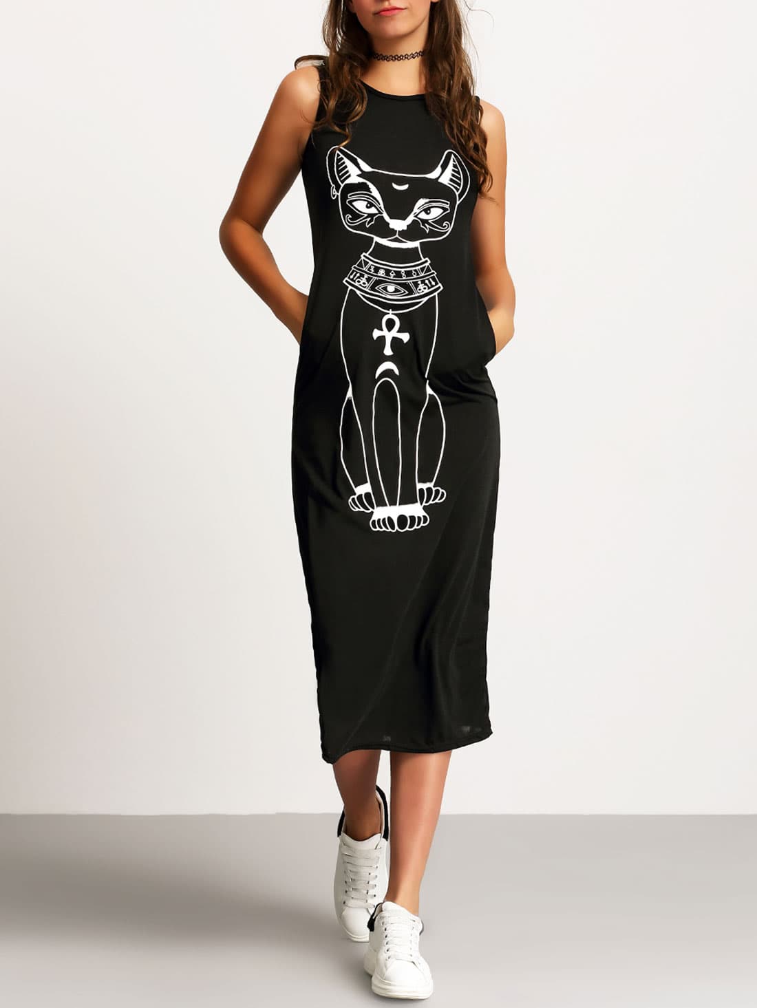 Black Sleeveless Cat Print Slim Dress