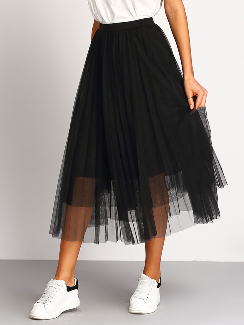Black Mesh Pleated Elastic Waist Skirt