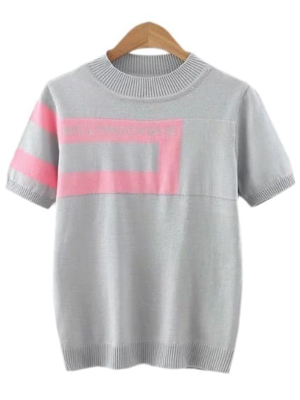 Grey Letter Geometry Pattern Knit T-shirt