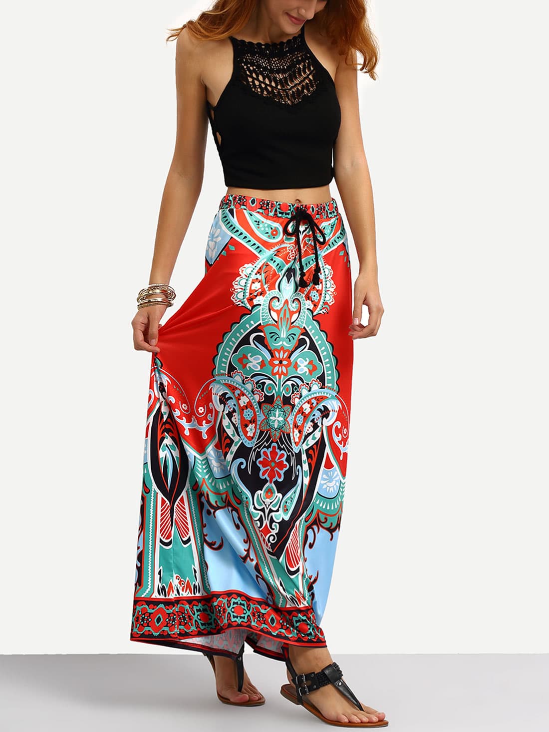 Tribal Print Tassel Tied Waist Maxi Skirt