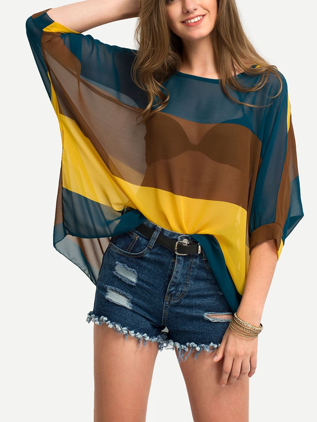 Color Block Semi-Sheer Poncho Blouse - Yellow