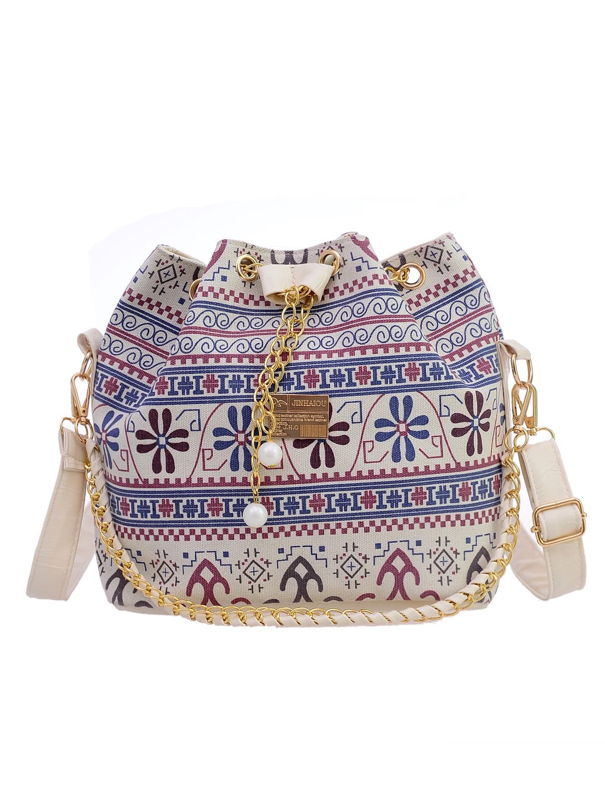 Tribal Print Chain Drawstring Canvas Bucket Bag