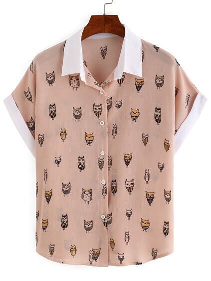 contrast collar sleeve owl print blouse contrast collar sleeve owl print blouse