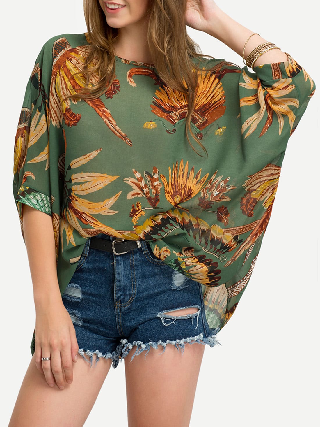 Leaves Print Chiffon Shirt