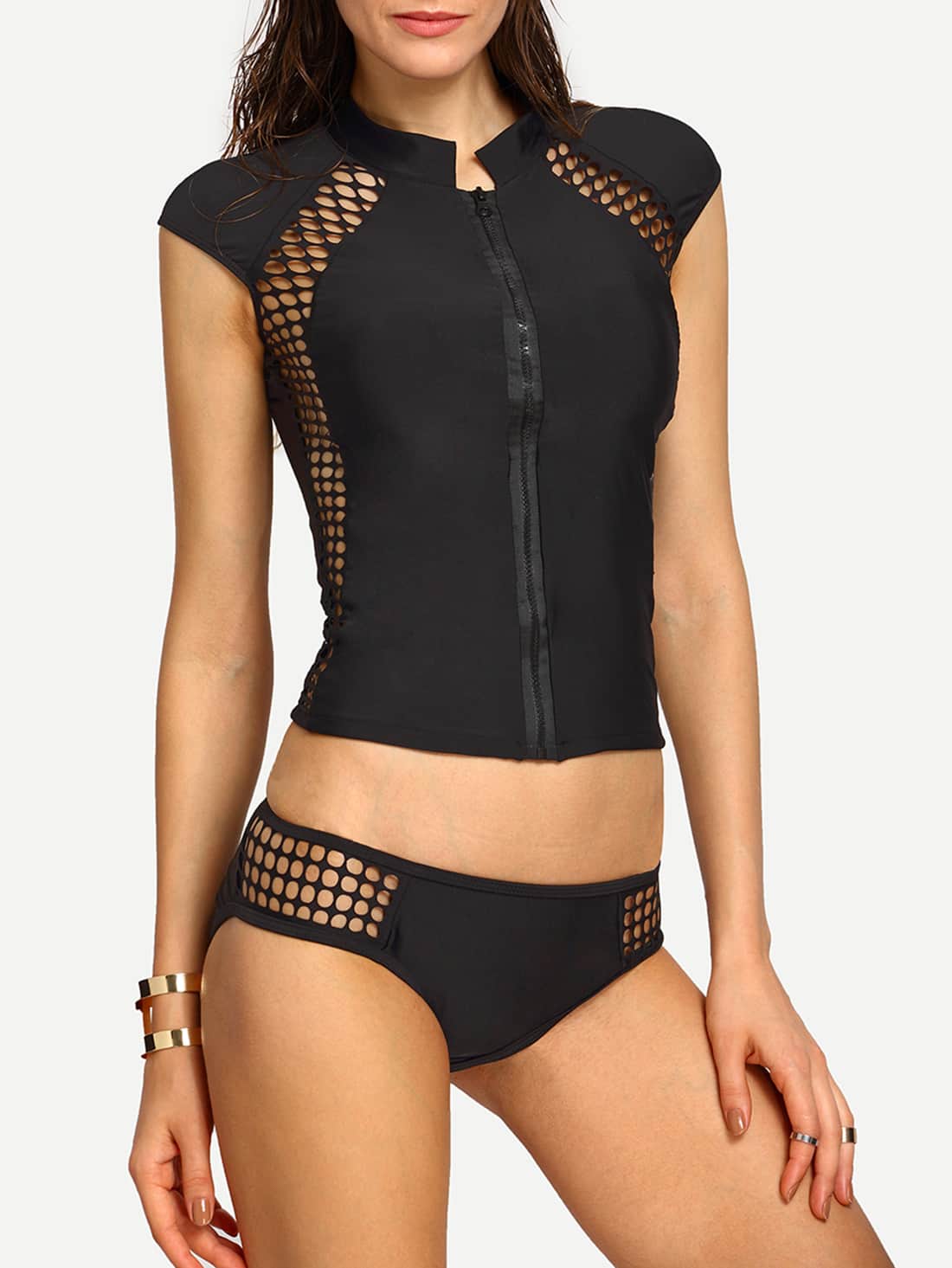 Zip Front LaserCut Sport SwimwearFor Womenromwe