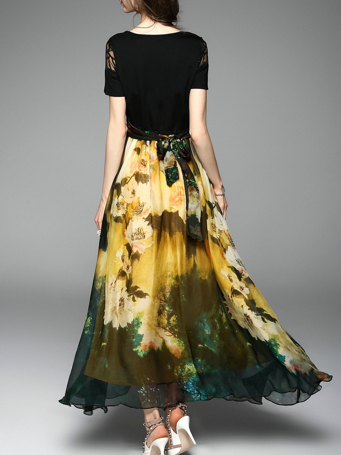 Yellow Gauze Embroidered Print Maxi DressFor Womenromwe