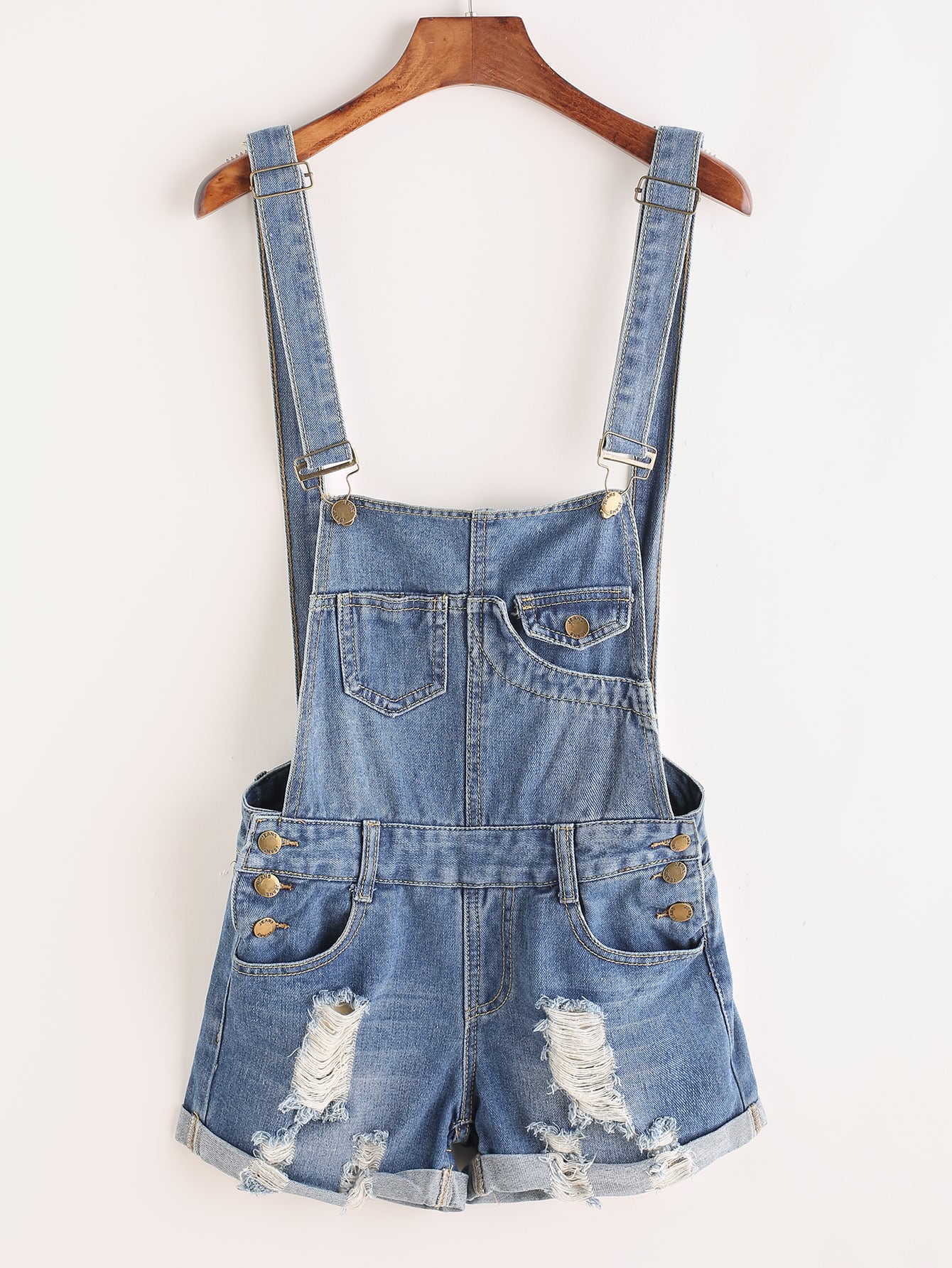 Distressed Rolled Hem Overall Denim Shorts