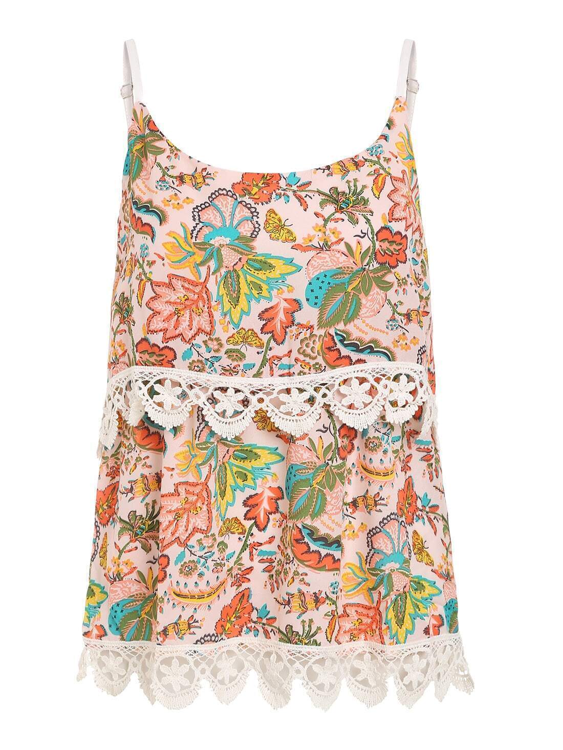 Crochet Trimmed Layered Flower Print Cami Top