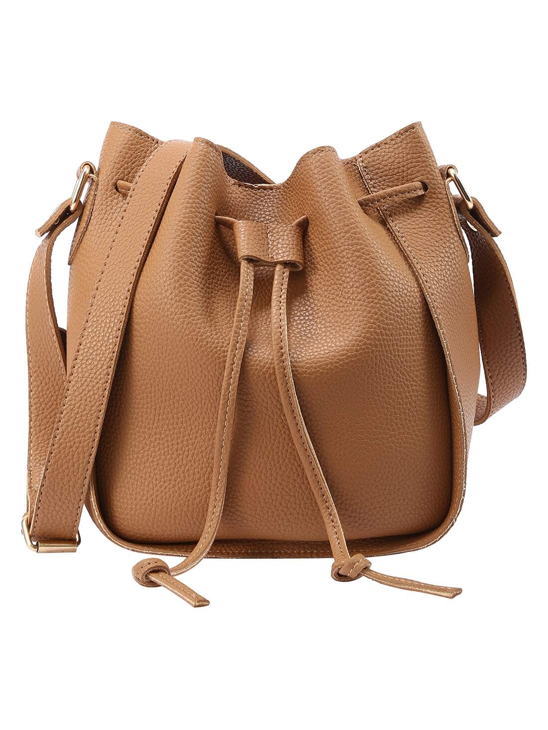 Embossed Faux Leather Drawstring Bucket Bag - Brown Embossed Faux Leather Drawstring Bucket Bag - Brown