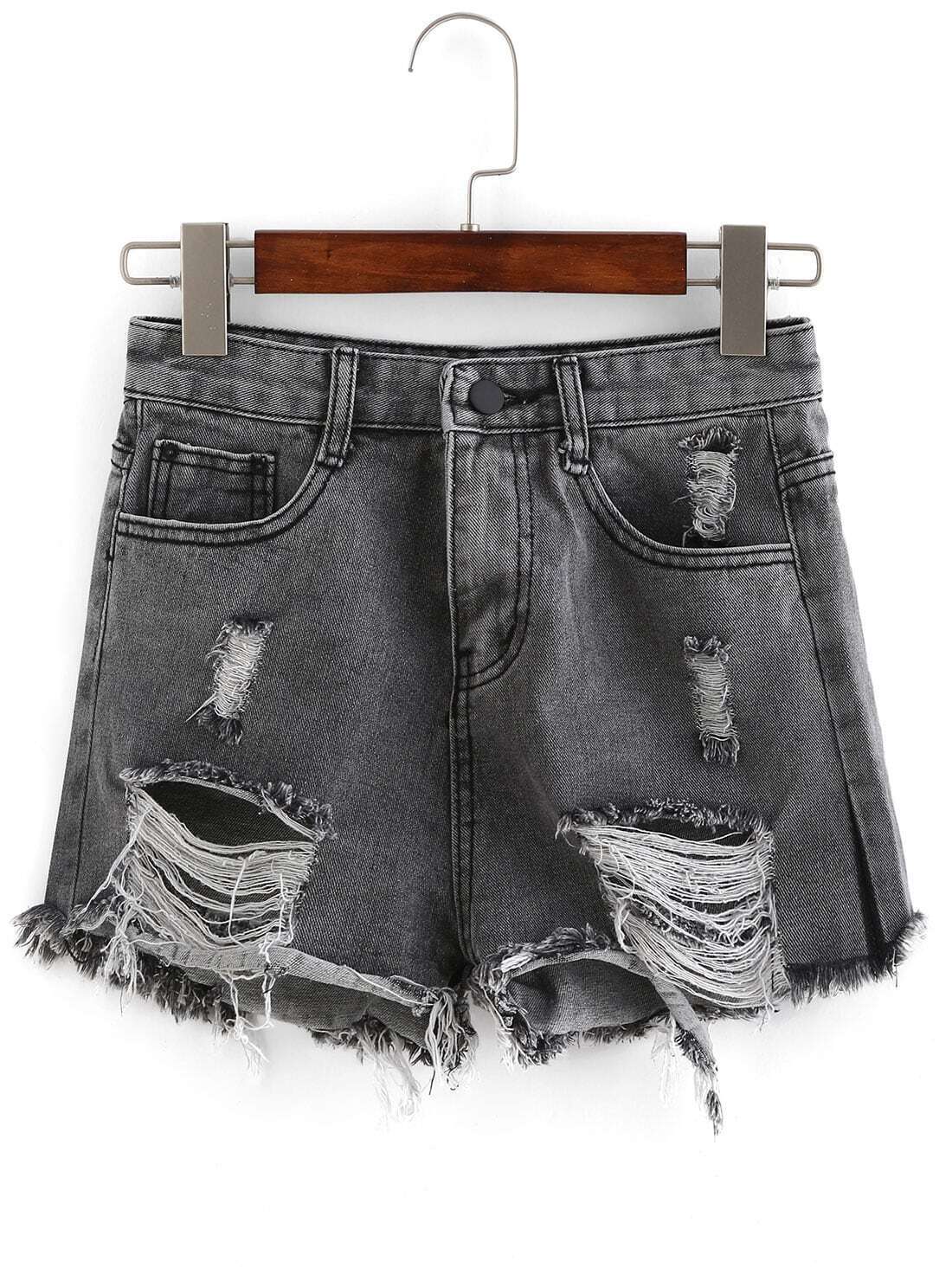 Ripped Black Denim ShortsFor Womenromwe