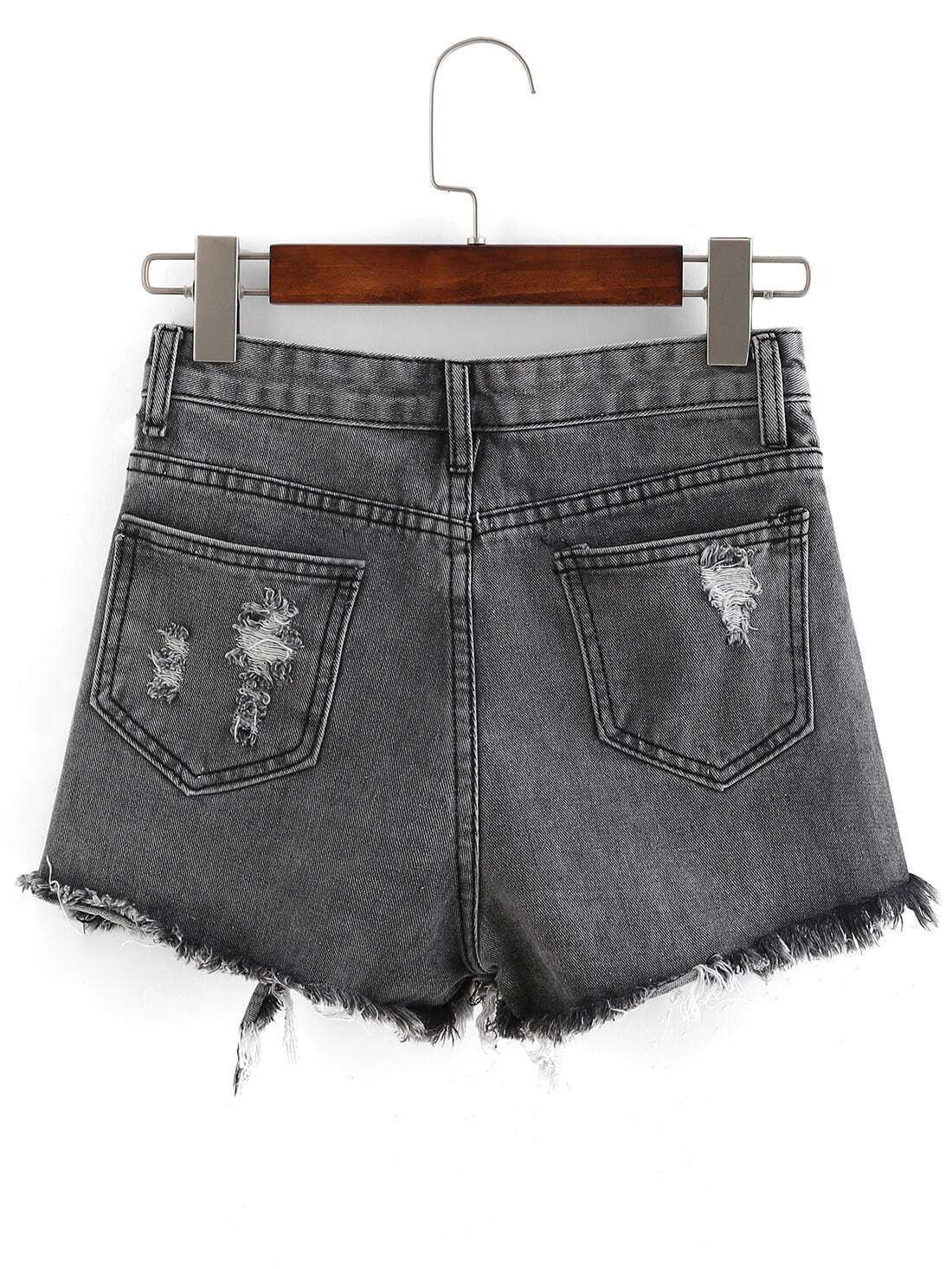 Ripped Black Denim ShortsFor Womenromwe