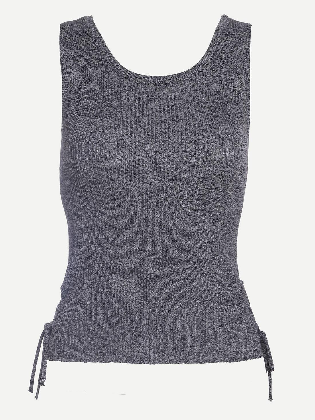 LaceUp Side Ribbed Knit Grey Tank TopFor Womenromwe