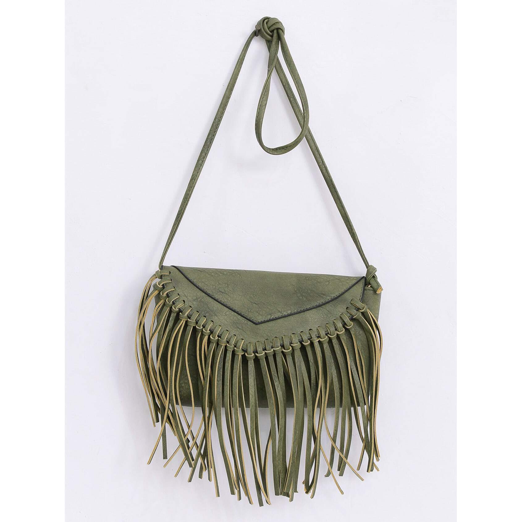 Faux Leather Fringe Flap Bag GreenFor Womenromwe