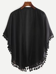 Tassel Trimmed Plain Chiffon Kimono - Black