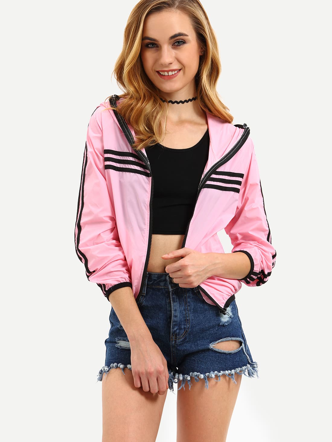 Pink Hooded Contrast Striped Trim Jacket With ZipperFor Womenromwe
