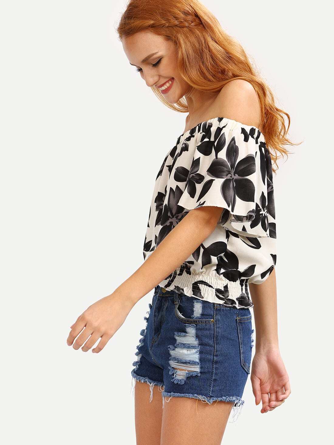 OffTheShoulder Flower Print Shirred Hem Top WhiteFor Womenromwe