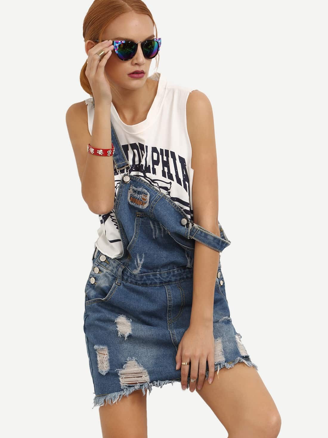 Ripped Raw Hem Blue Denim Overall DressFor Womenromwe