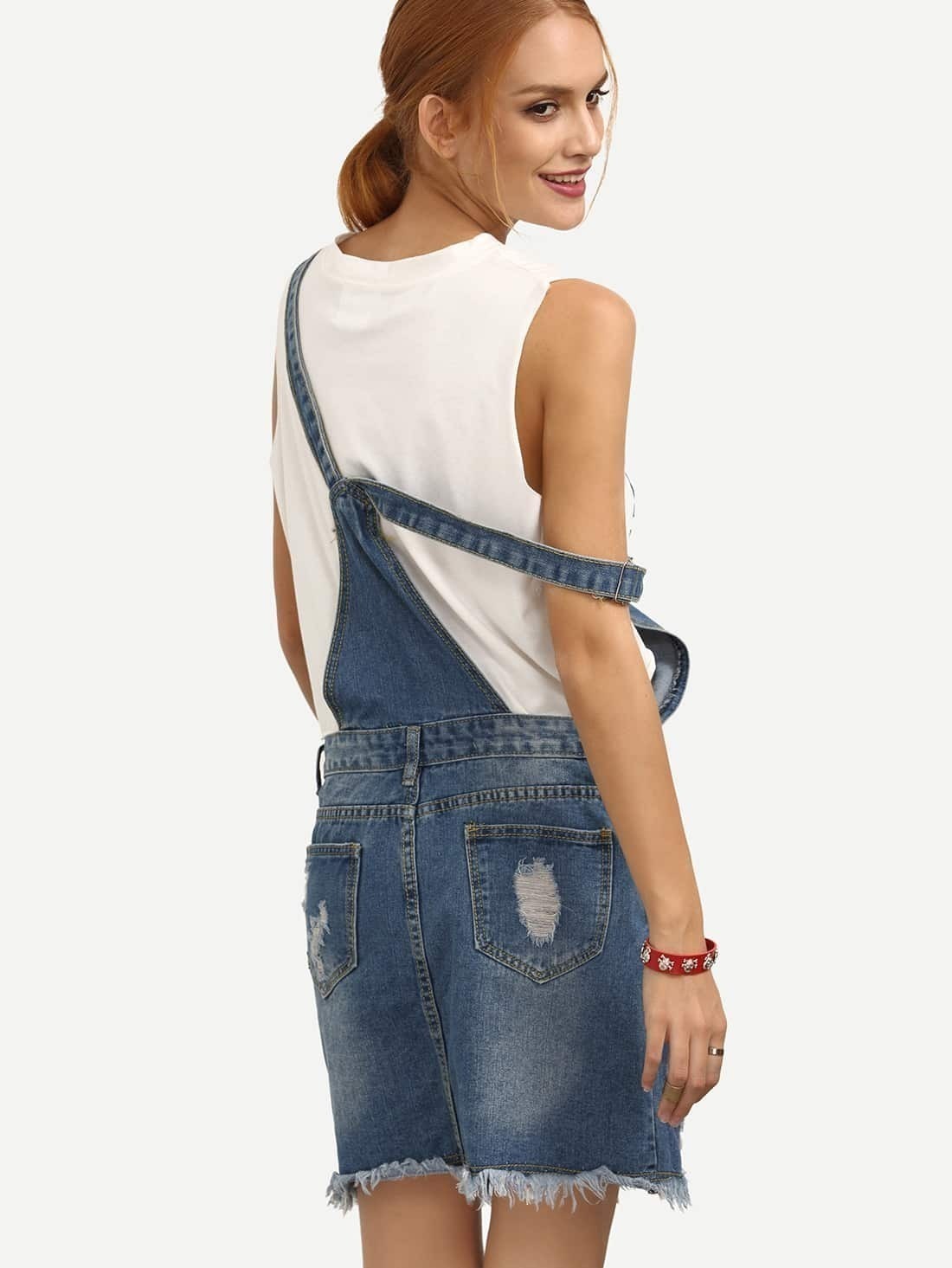 Ripped Raw Hem Blue Denim Overall DressFor Womenromwe