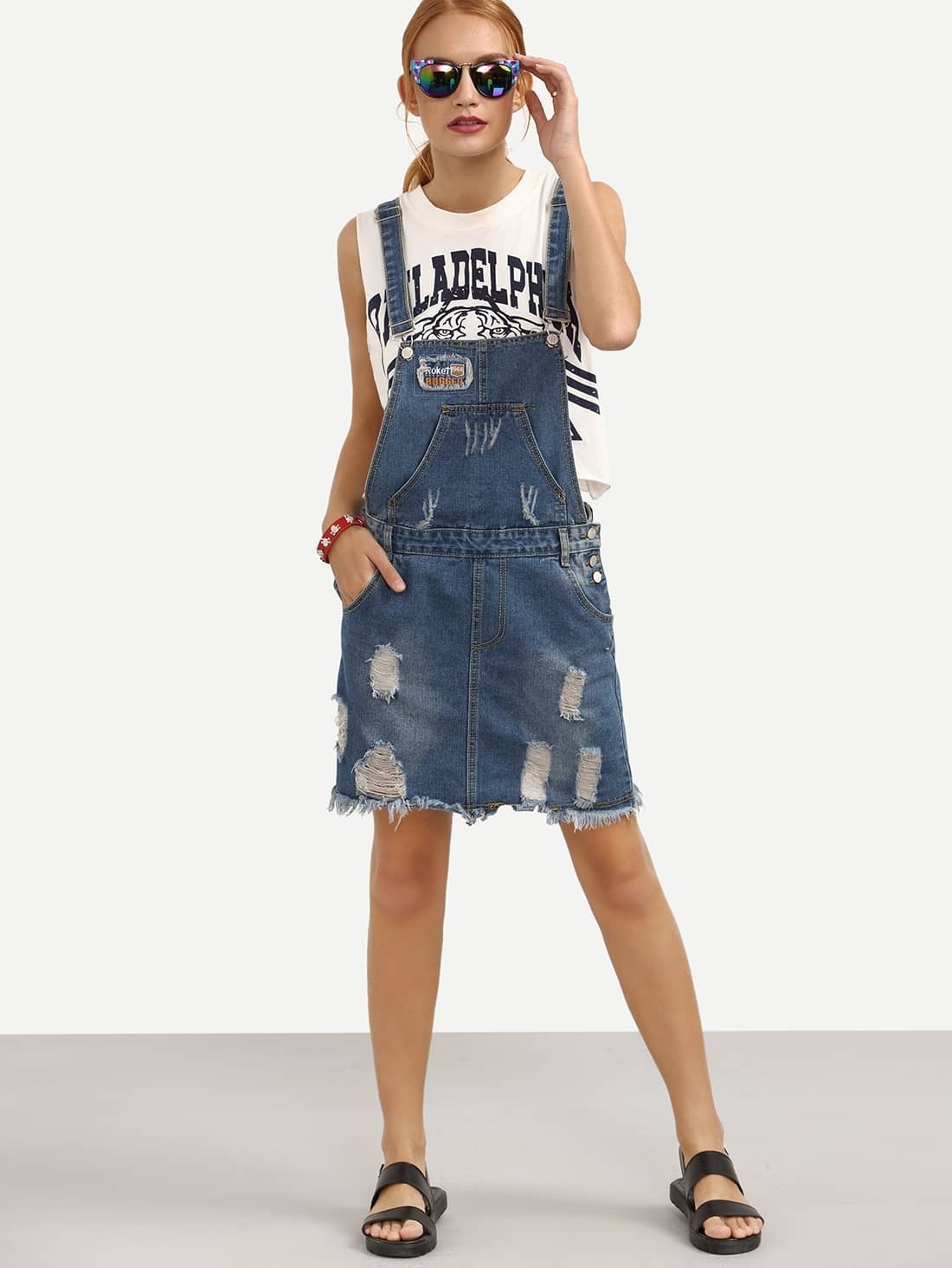 Ripped Raw Hem Blue Denim Overall DressFor Womenromwe