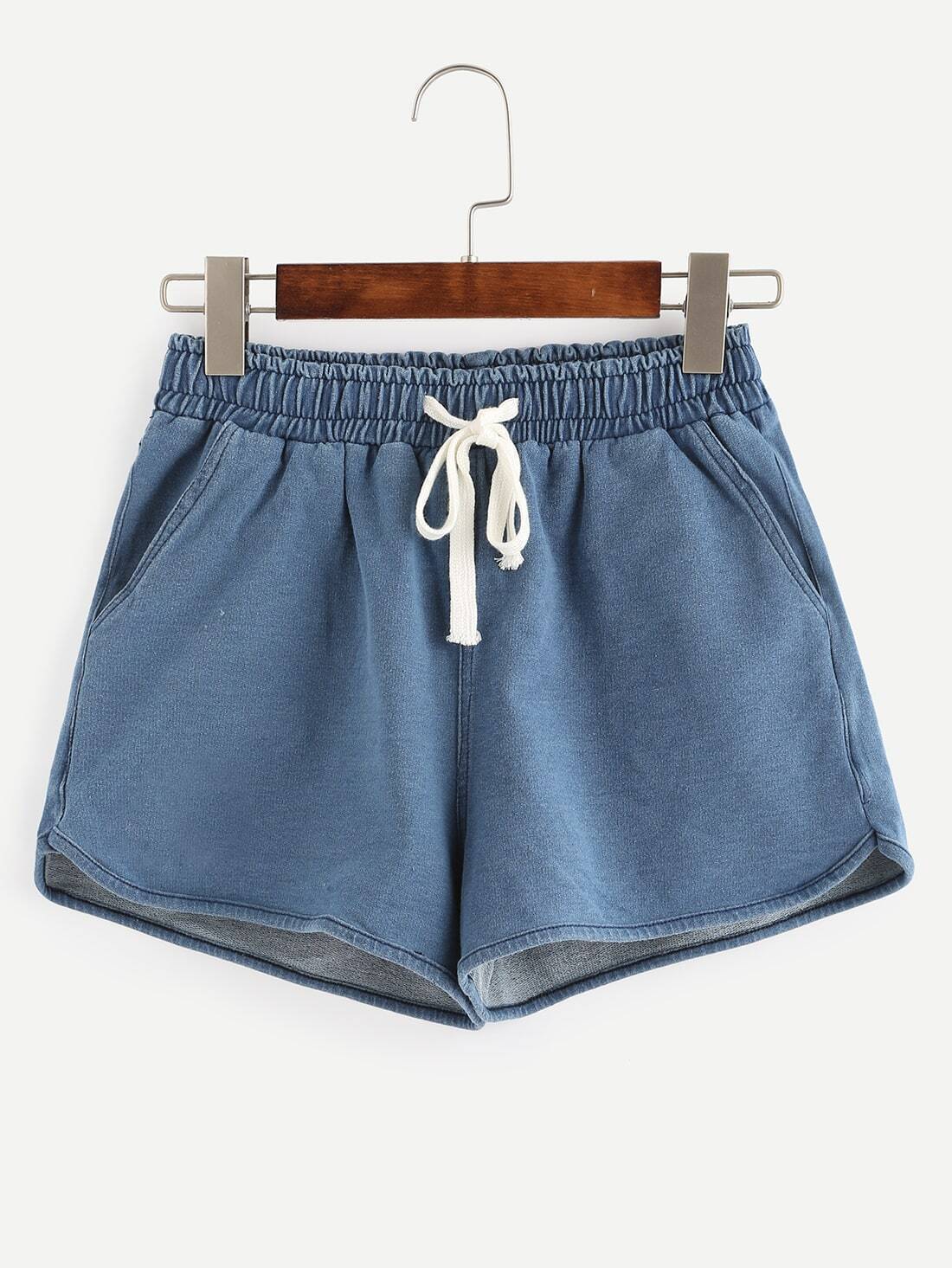 Elastic Drawstring Waist Blue Denim ShortsFor Womenromwe