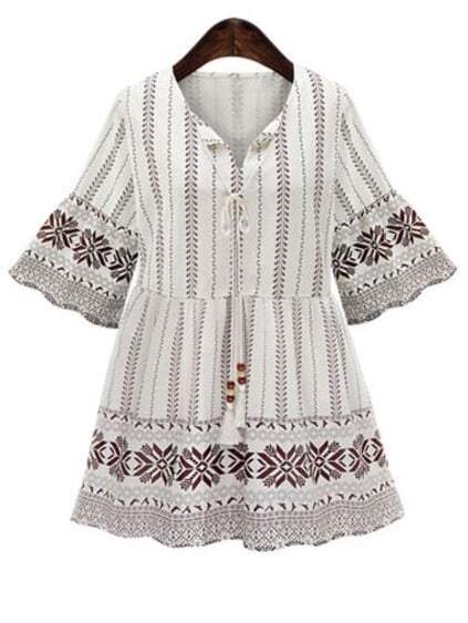 maroon tribal print bell sleeve dress with tassle tiefor romwe maroon tribal print bell sleeve dress with tassle tiefor romwe