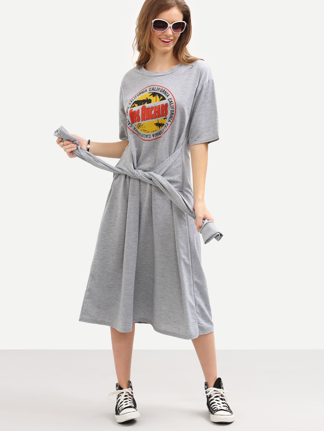 Faux Sleeve-Tie Logo Print Tee Dress - Grey