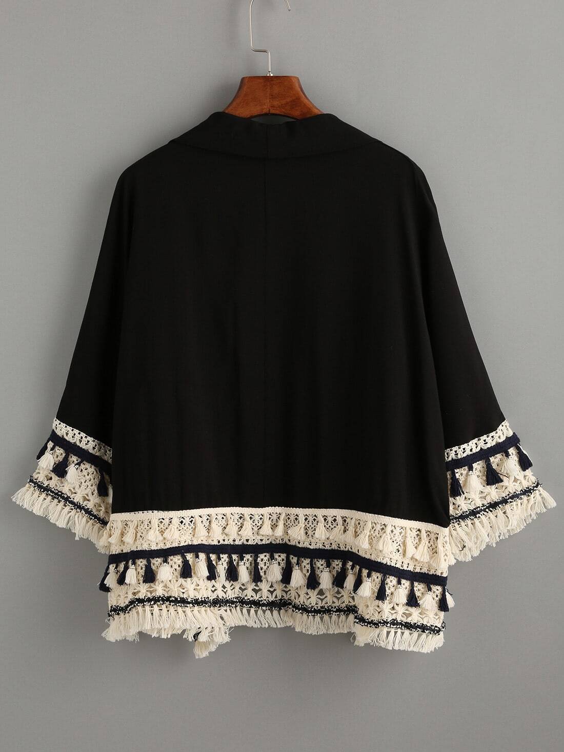 Black Tassel Trimmed KimonoFor Womenromwe