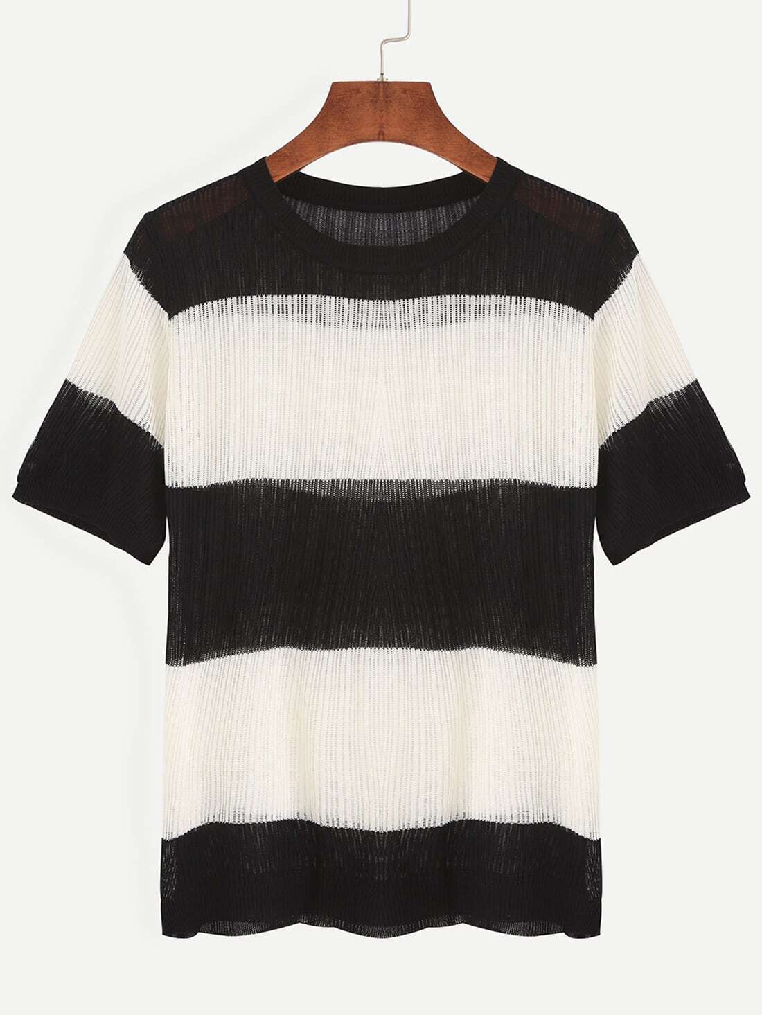 Black White Striped Knitted TshirtFor Womenromwe