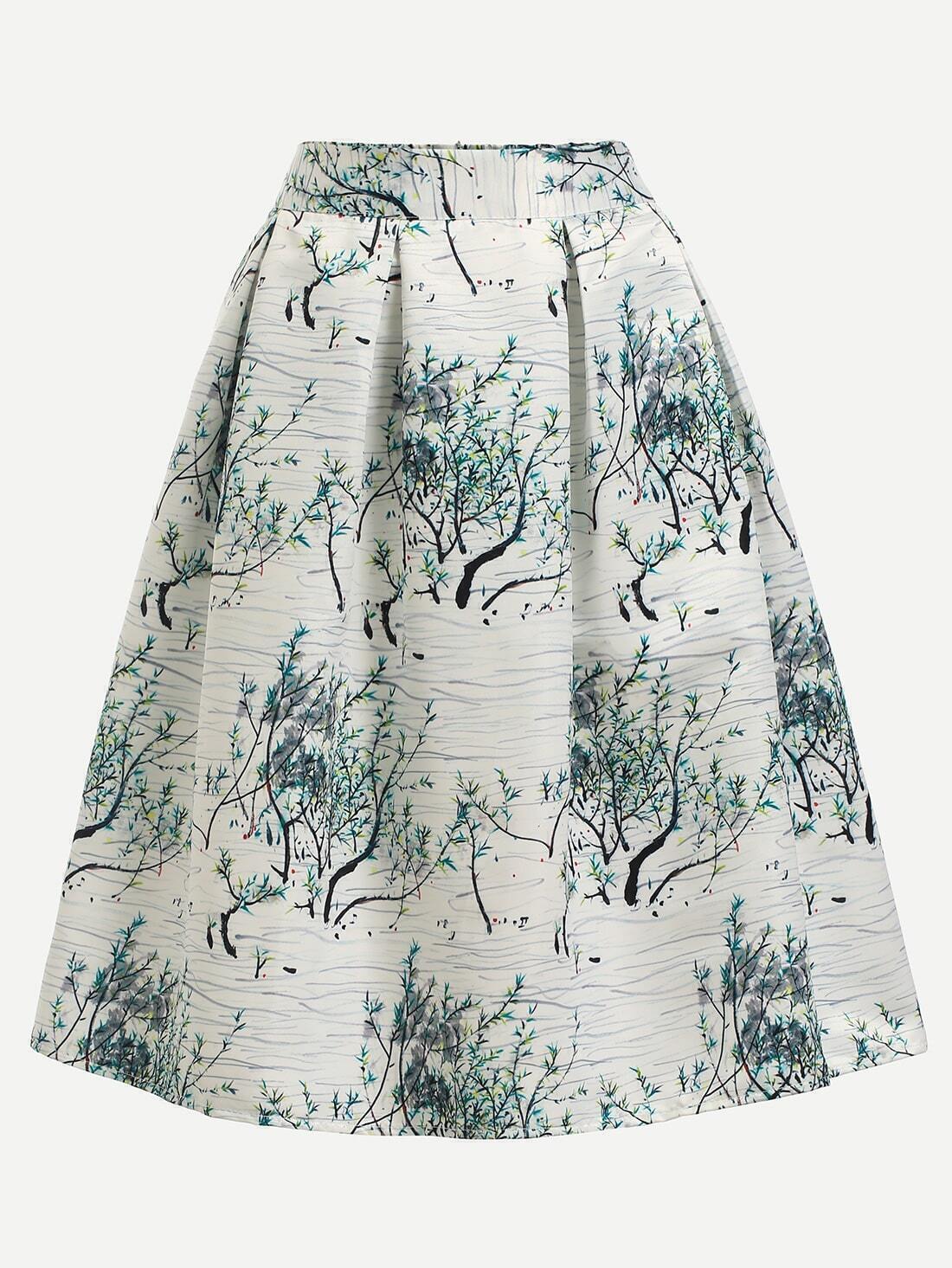 white tree print box pleated skirt white tree print box pleated skirt
