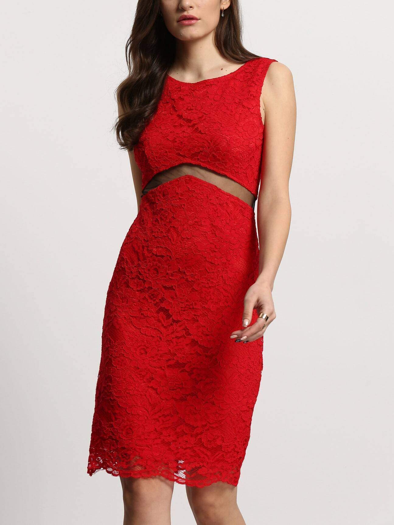 Bright Red See-through Insert Zipper Back Lace Dress