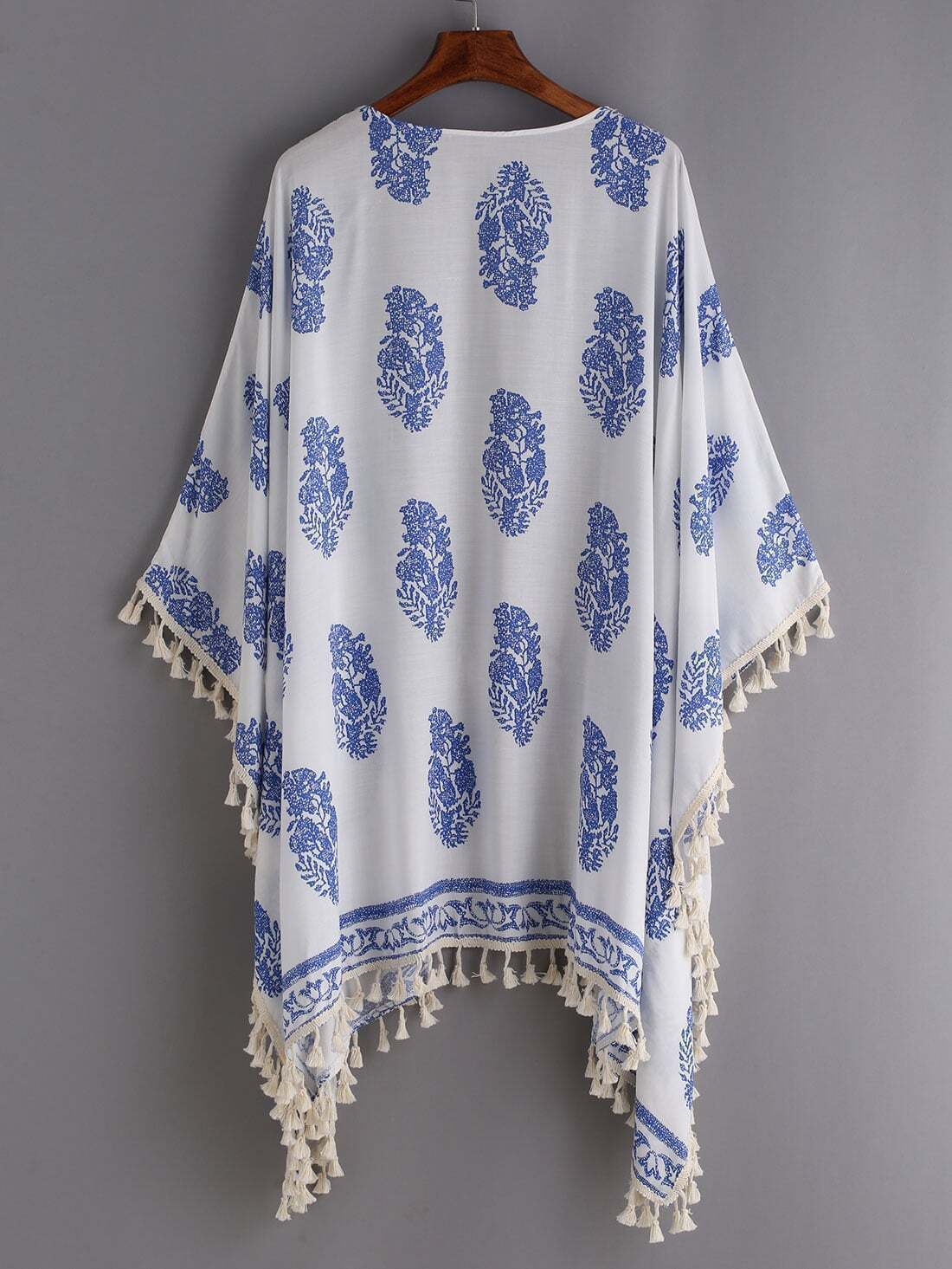 Tassel Trimmed Printed Kimono WhiteFor Womenromwe