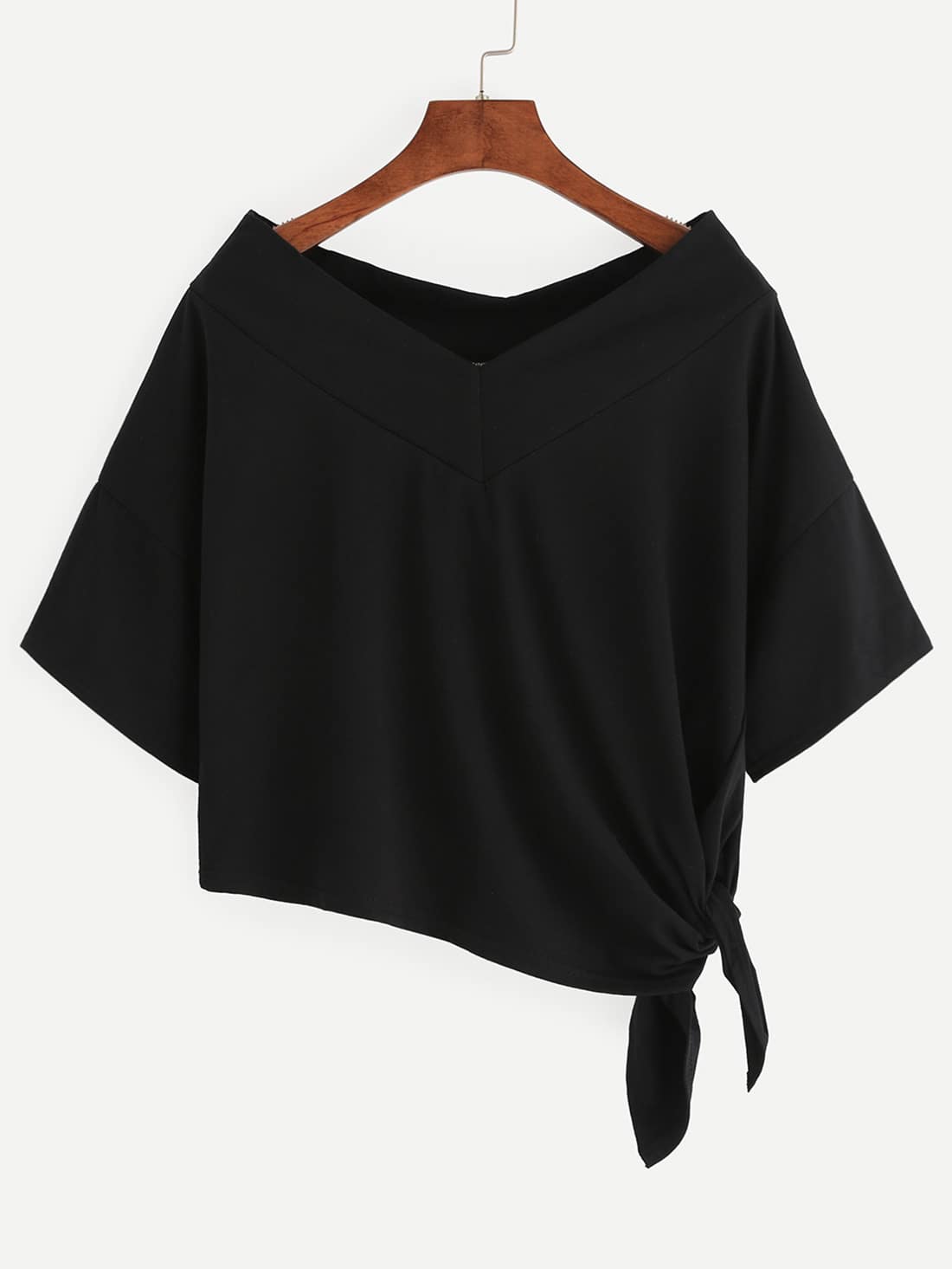 Black Side Tie Drop Shoulder Asymmetric T-shirt