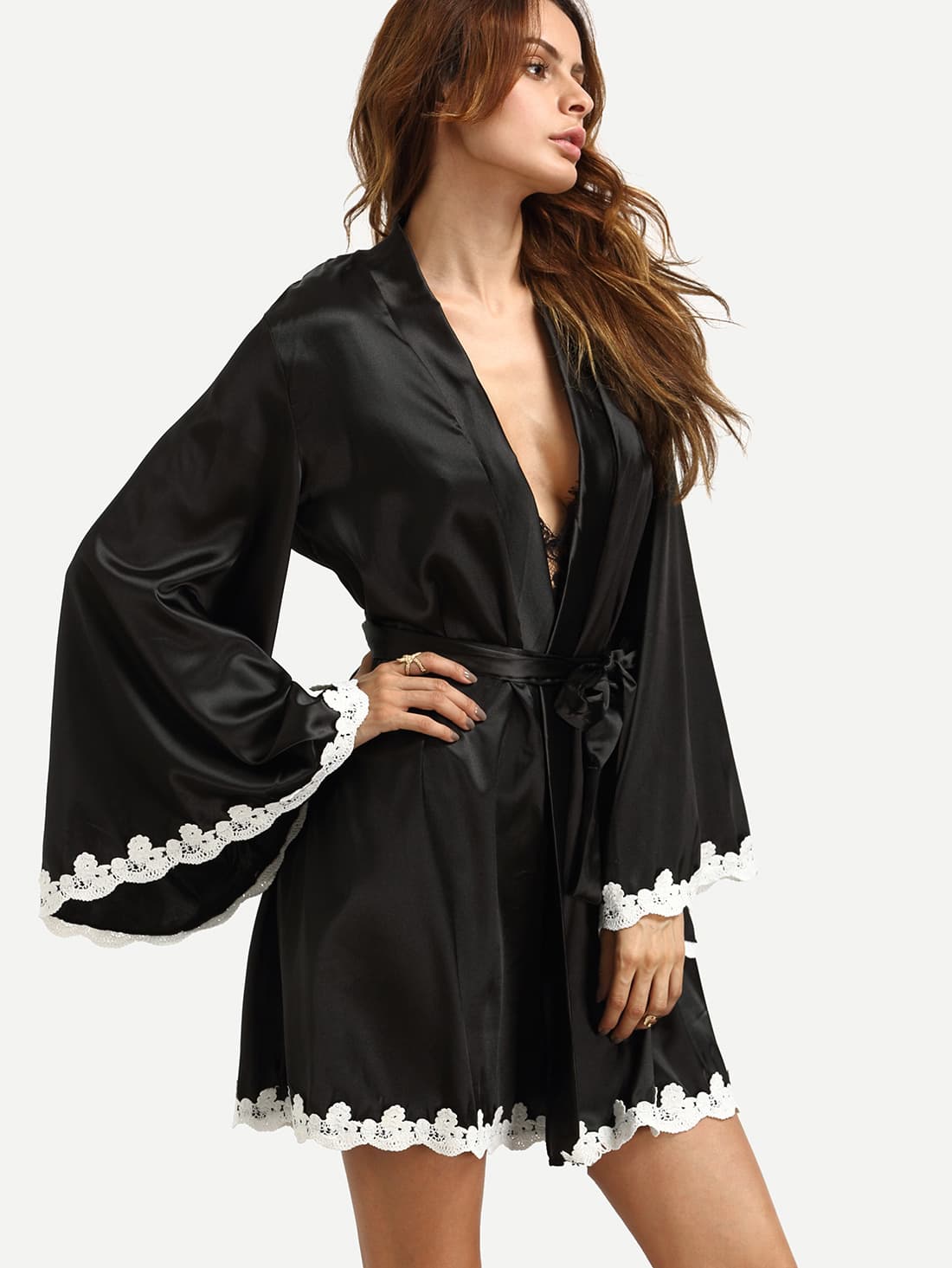 Black Crochet Trimmed Kimono Robe