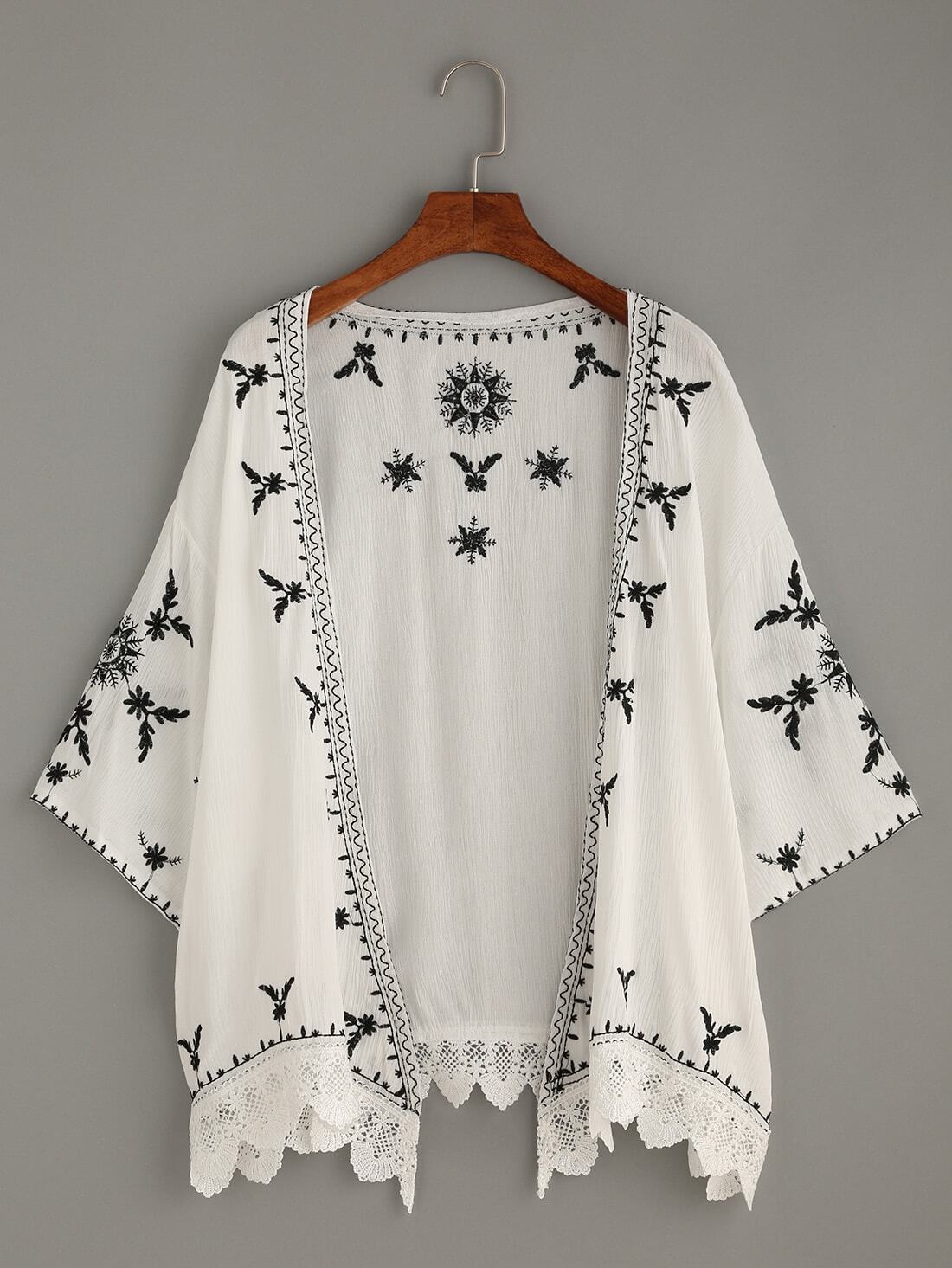 White Scalloped Crochet Trimmed Embroidered Kimono