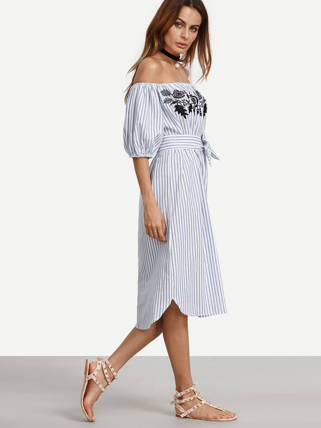 Blue Vertical Striped Off The Shoulder Embroidered Dress