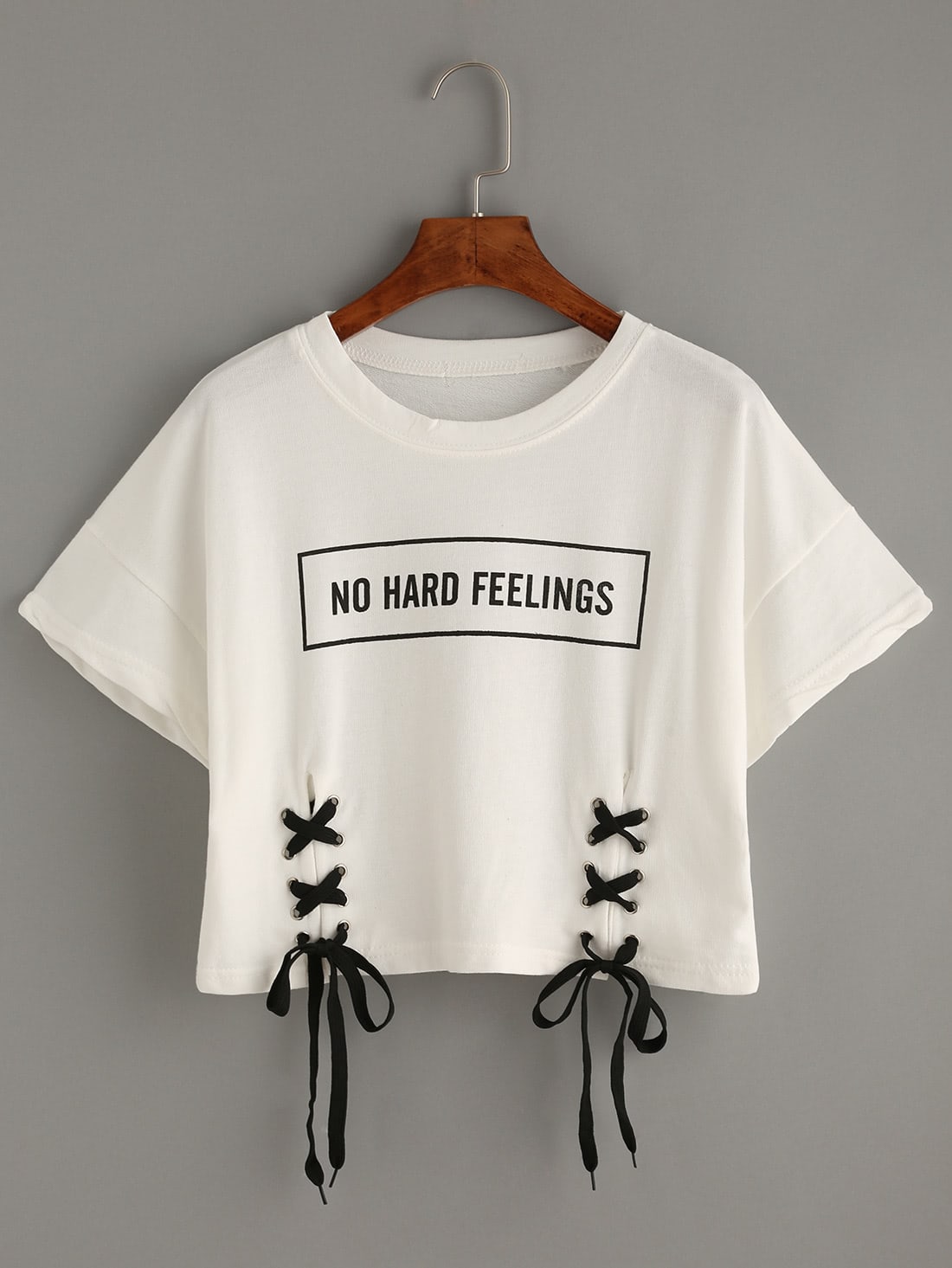 White Letter Print Lace-Up Crop T-shirt