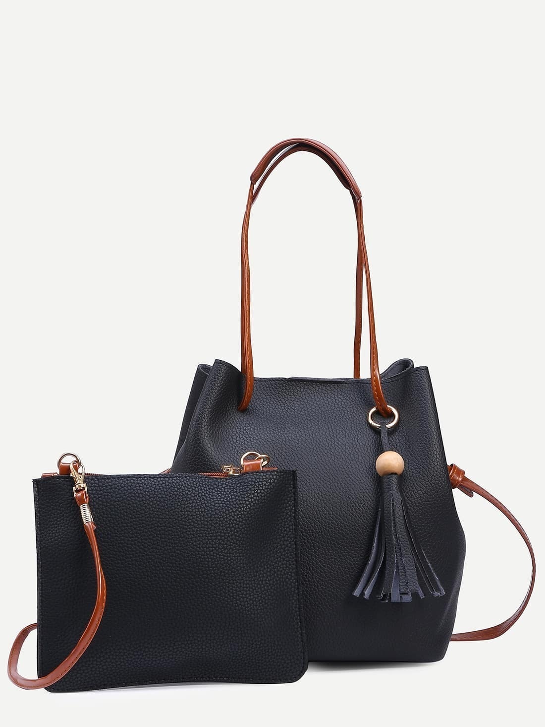 Black Tassel Trim Bucket Bag With Crossbody Bag Black Tassel Trim Bucket Bag With Crossbody Bag