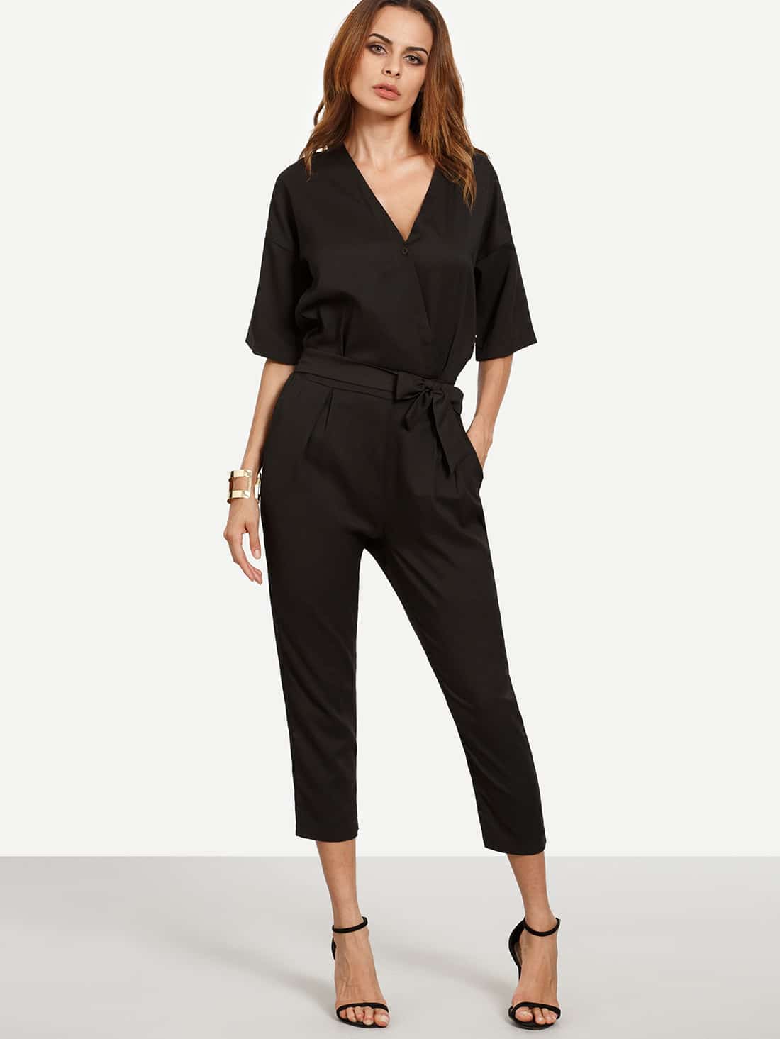 Black Surplice Front Self Tie Jumpsuit