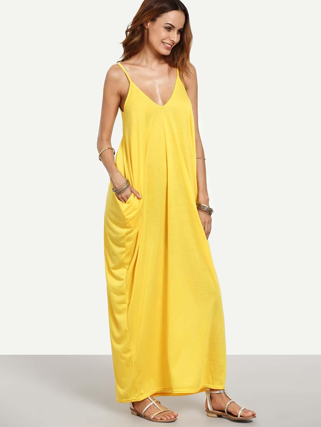 Yellow Spaghetti Strap Plain Maxi DressFor Womenromwe