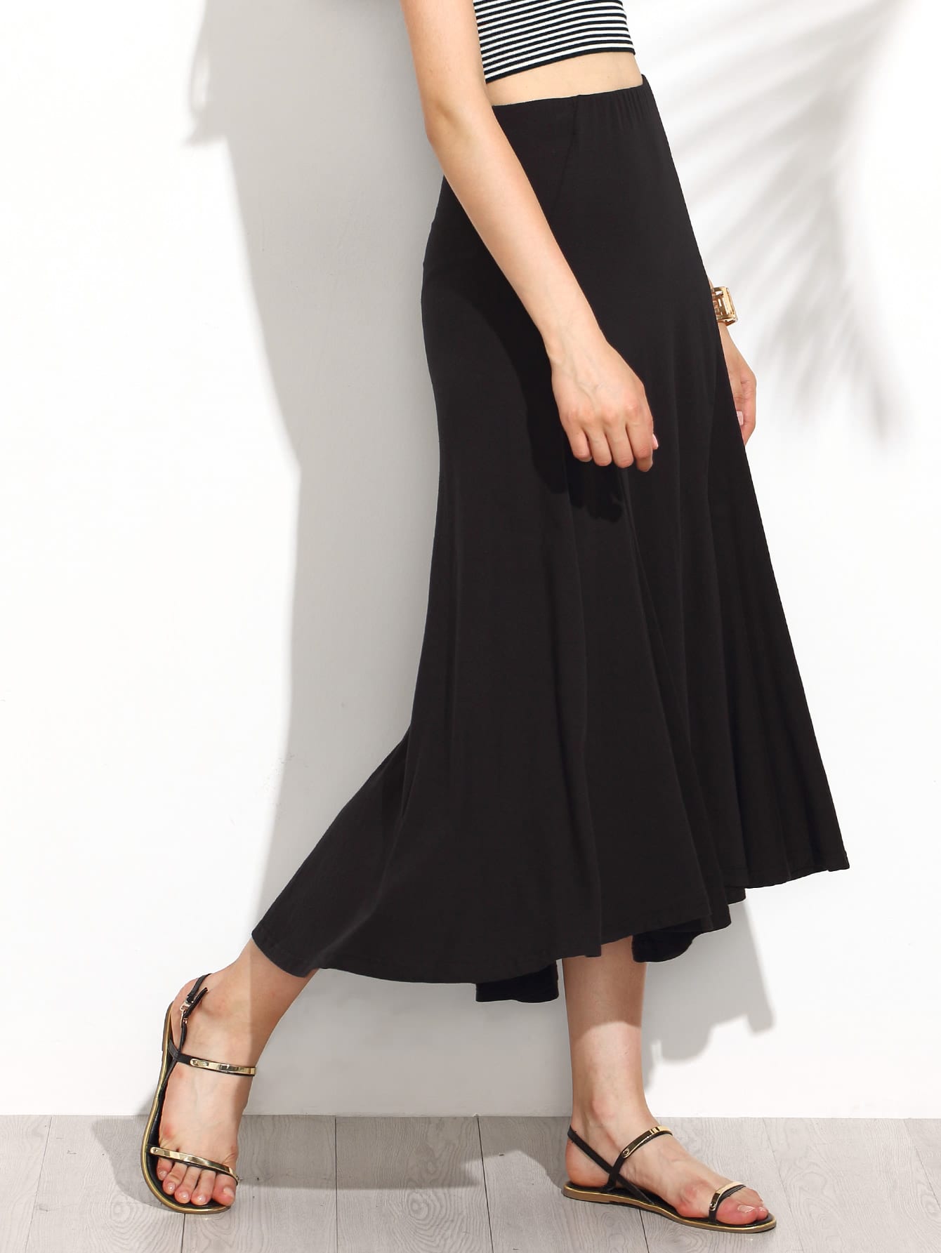 Black Elastic Waist High Low Pleated Skirt