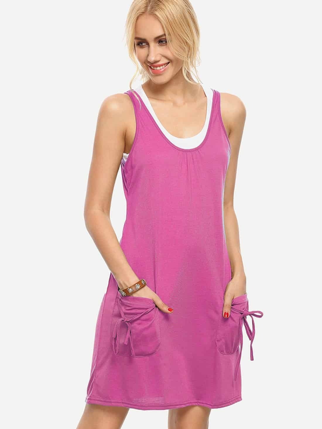 Hot Pink Dual Pocket Tank Dress With Crop Tank TopFor Womenromwe