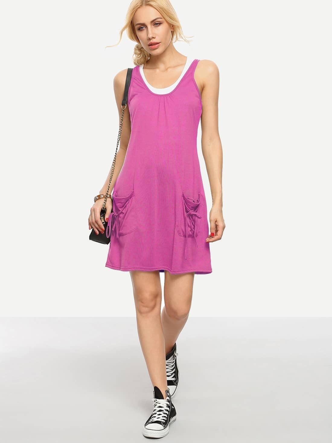 Hot Pink Dual Pocket Tank Dress With Crop Tank TopFor Womenromwe