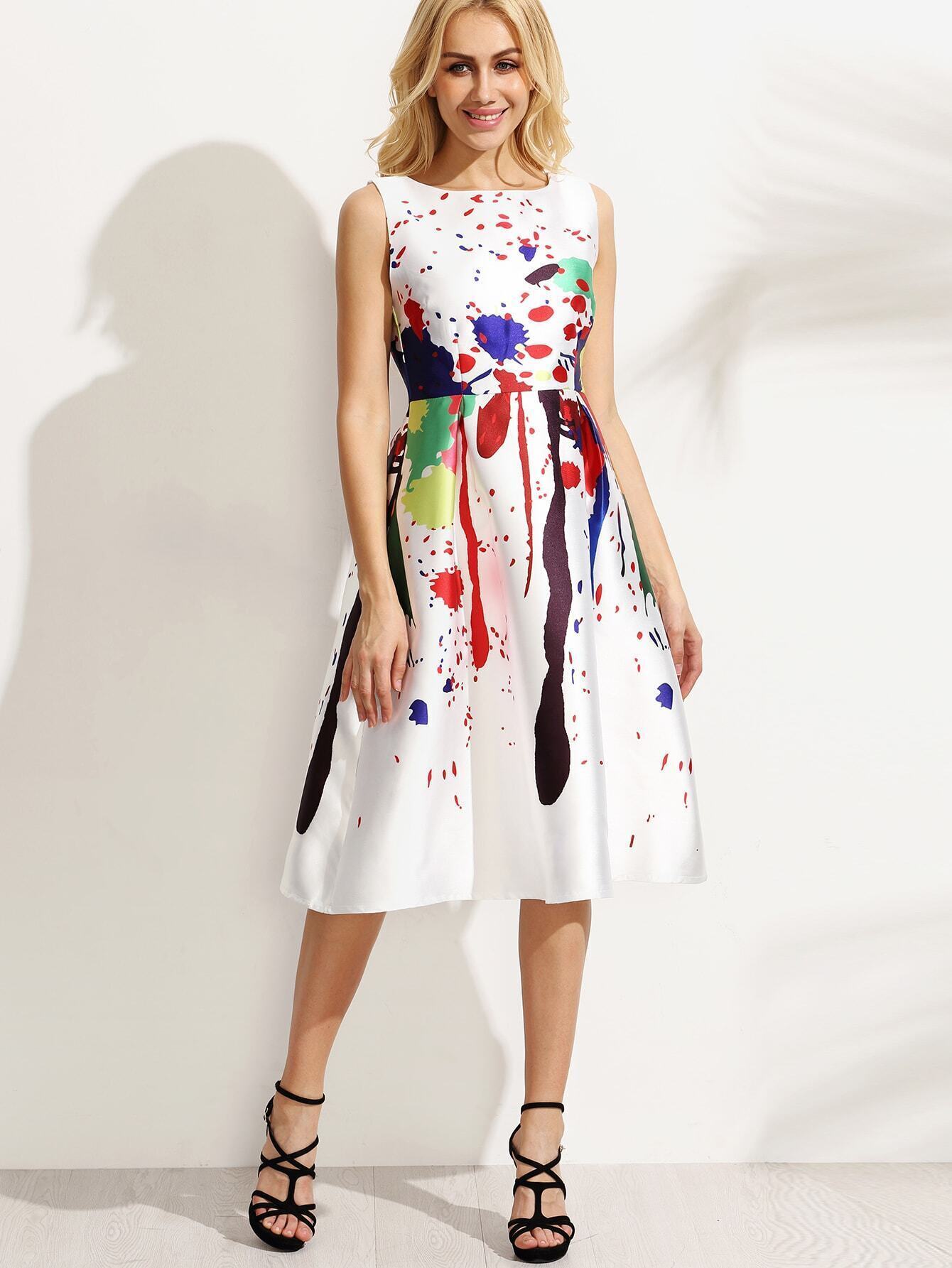 White Paint Splatter Print Fit and Flare DressFor Womenromwe