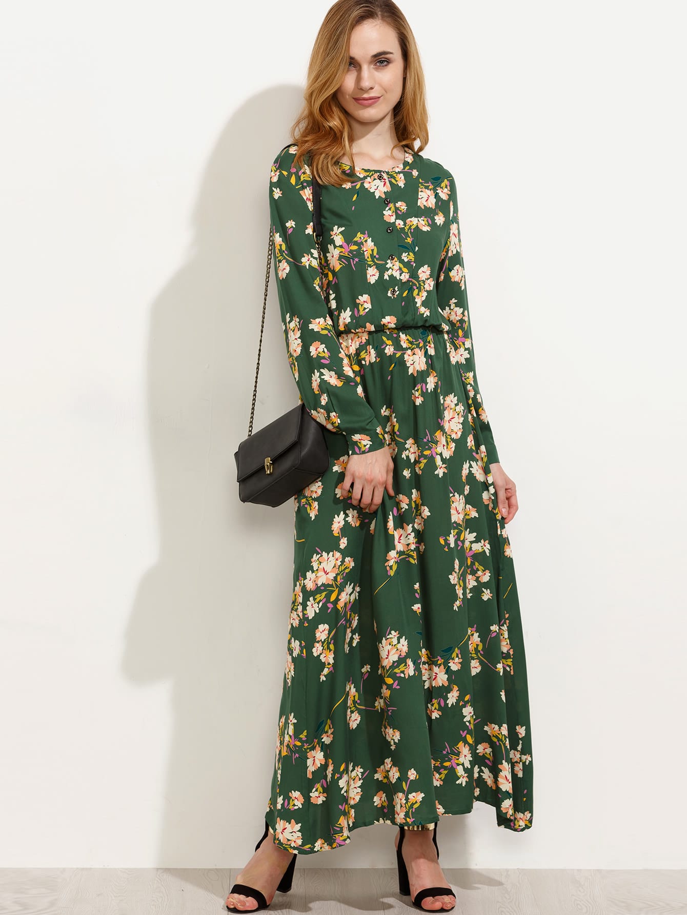 Green Blossom Print Buttoned Front Dress