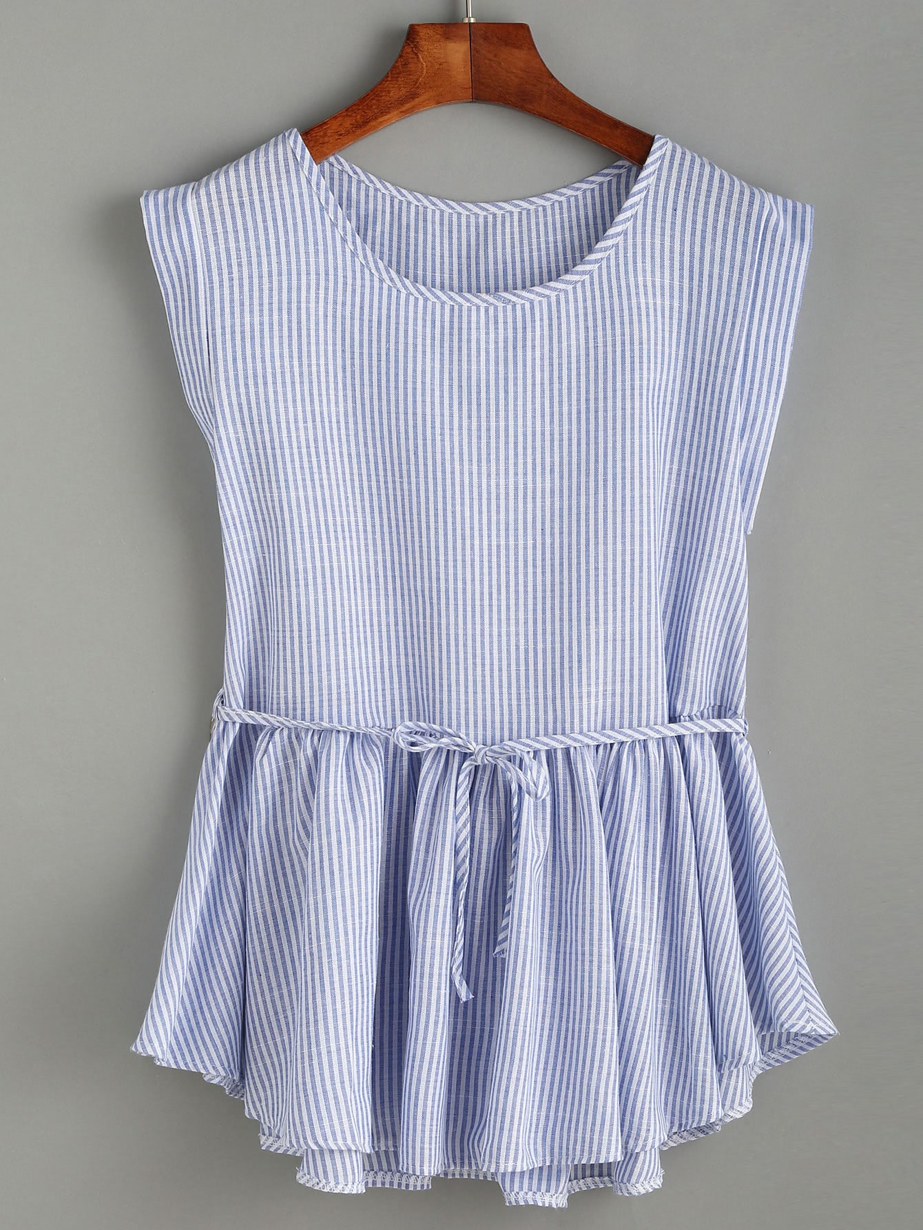 Blue Vertical Striped Self Tie Ruffle Hem Blouse
