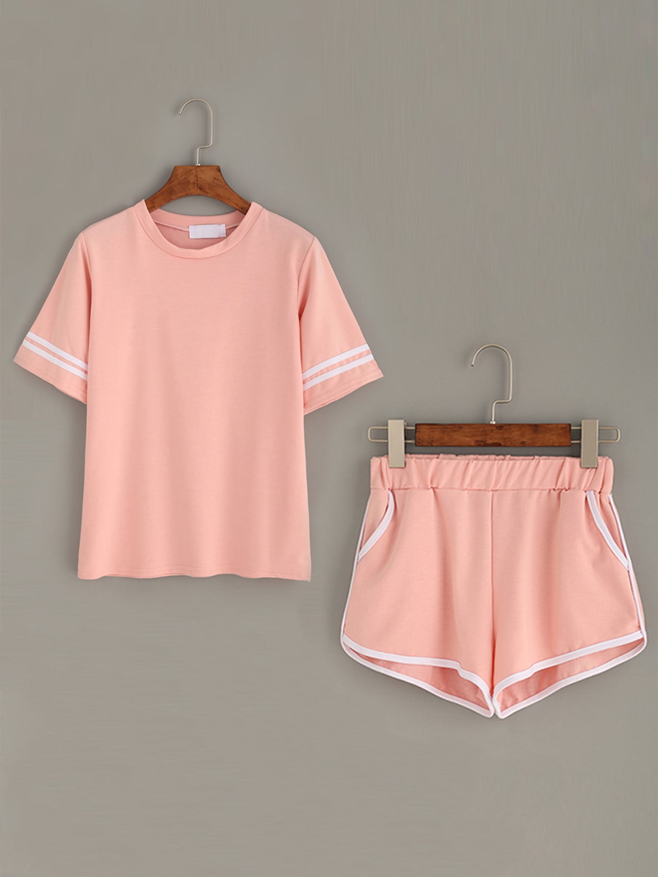 Pink Striped Trim Top With Contrast Trim Pockets Shorts